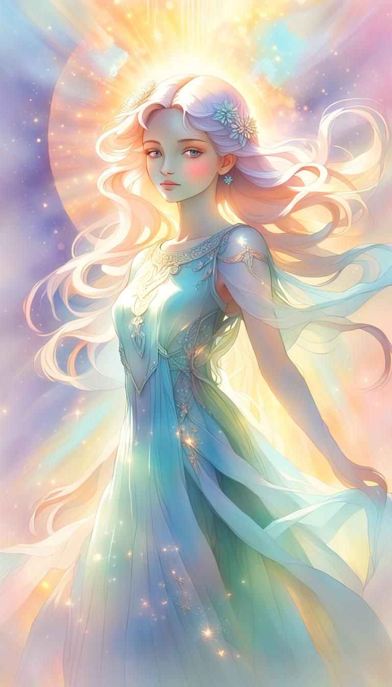 ethereal female figure, her features softly drawn and surrounded by a glowing (((radiant atmosphere))), ((beautiful past...