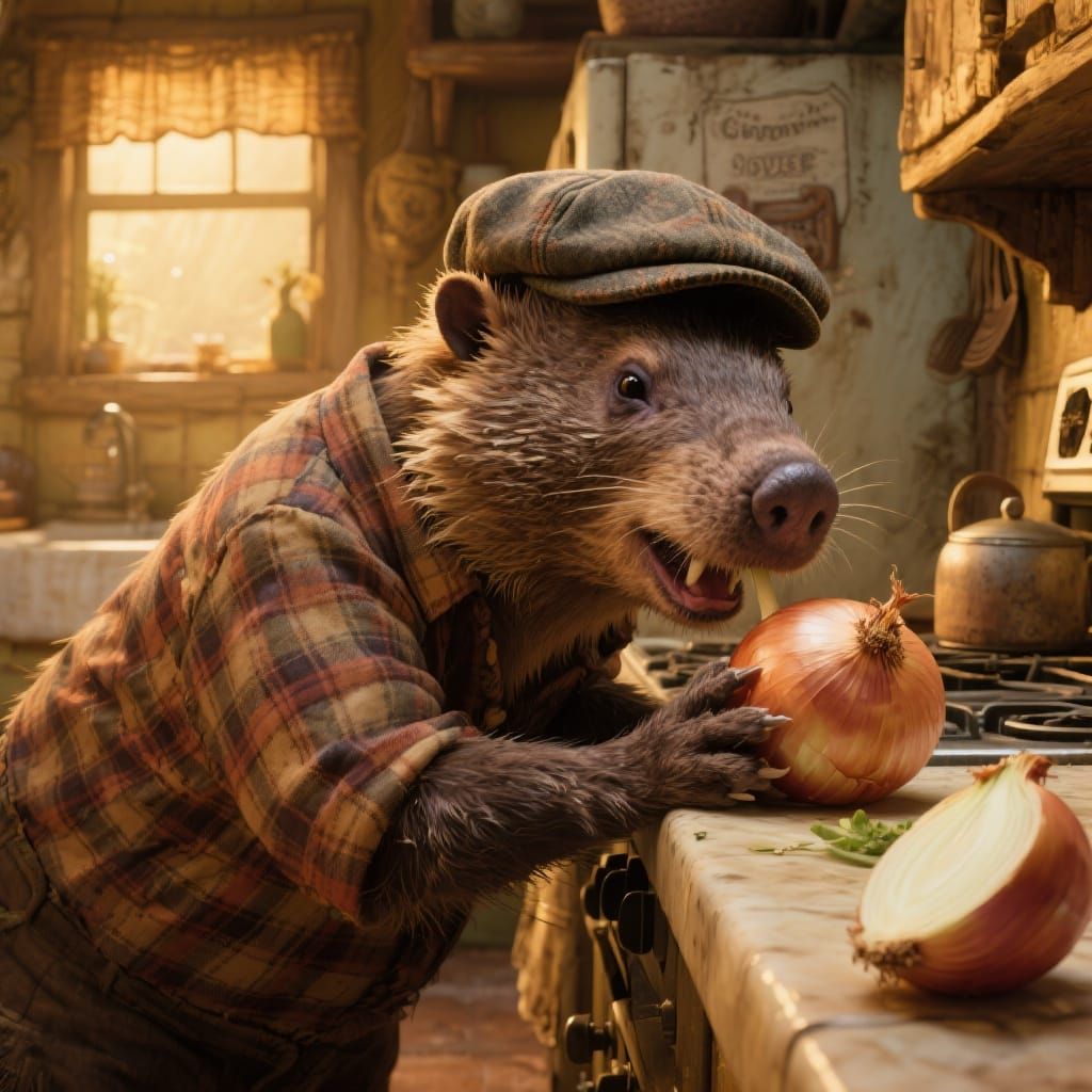 Wombat Burglar Steals Onion in Rustic Kitchen