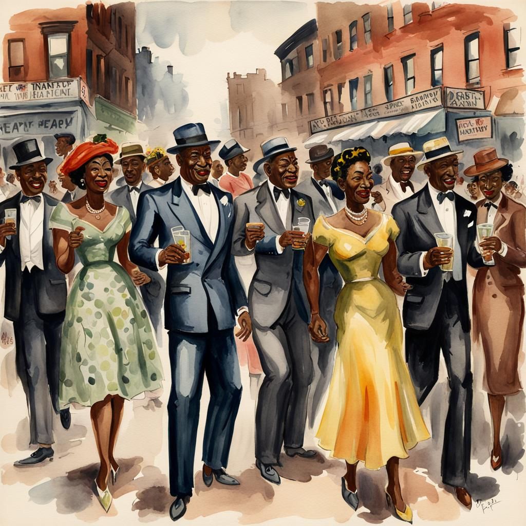 Harlem Rent Party Scene in Watercolors