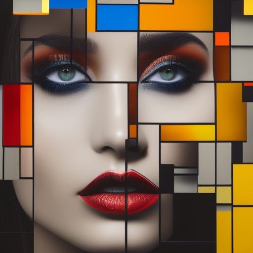 Cracked Portrait in Mondrian Style, Photorealistic