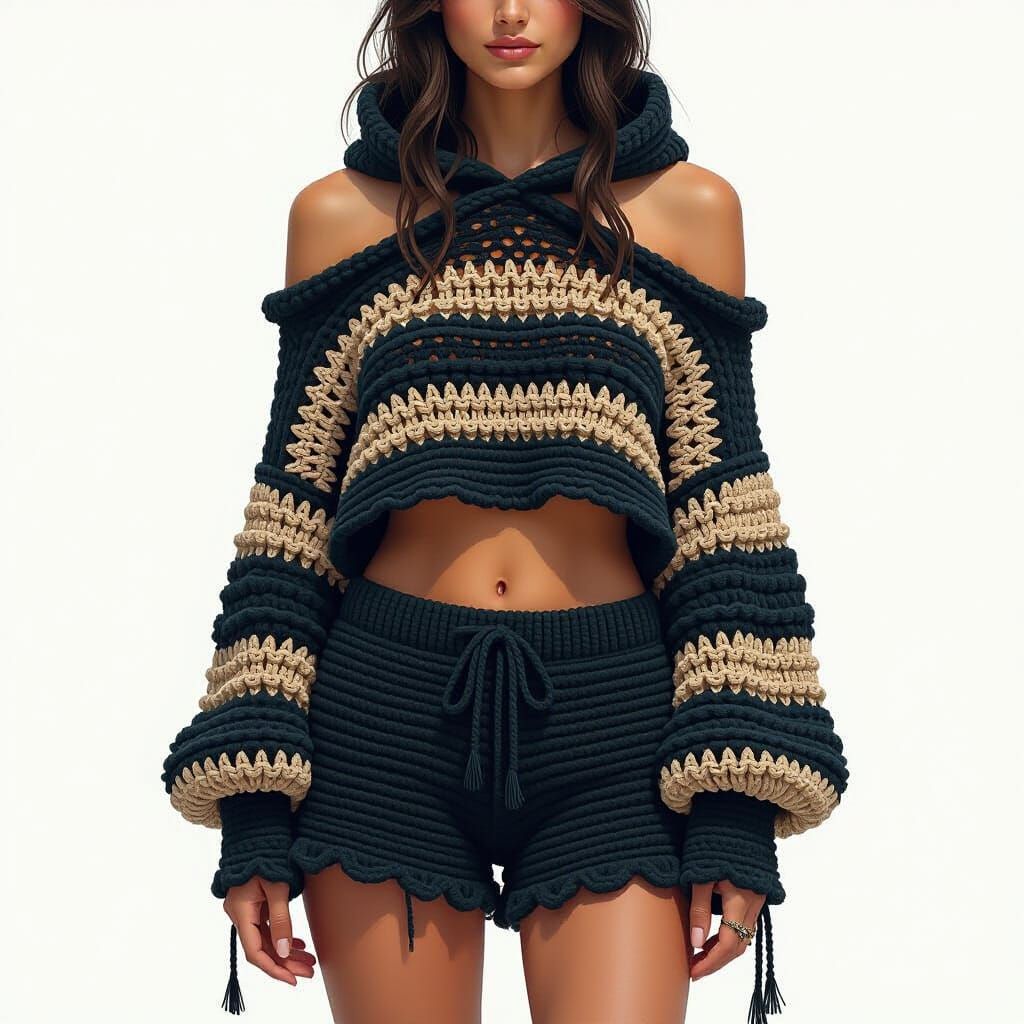 Woman in Crocheted Outfit in Eclectic Digital Art