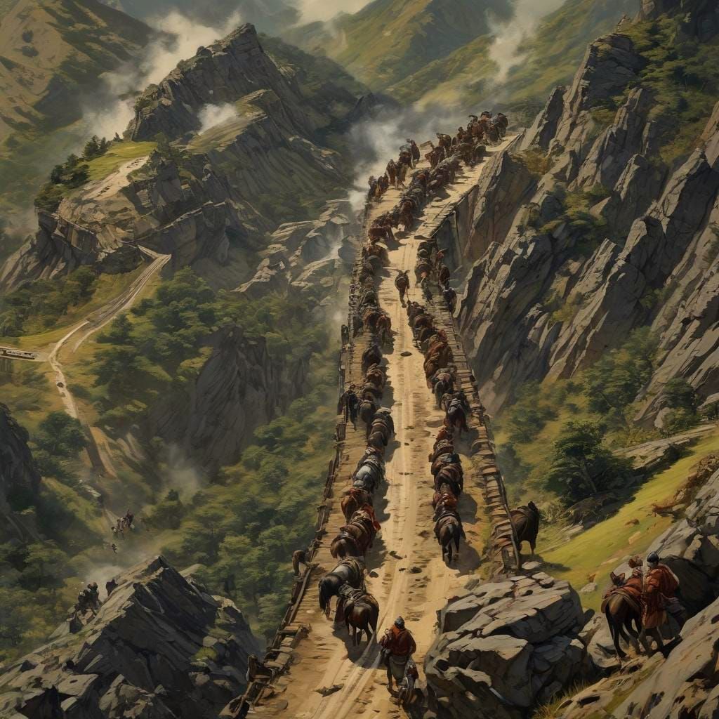 Mercenaries in Mountain Pass: Anime Cinematic Painting