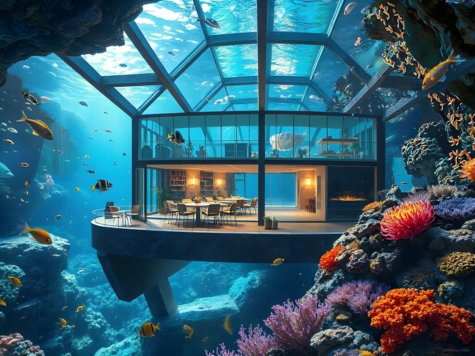 Underwater Sci-Fi Restaurant in Hyperrealistic Style