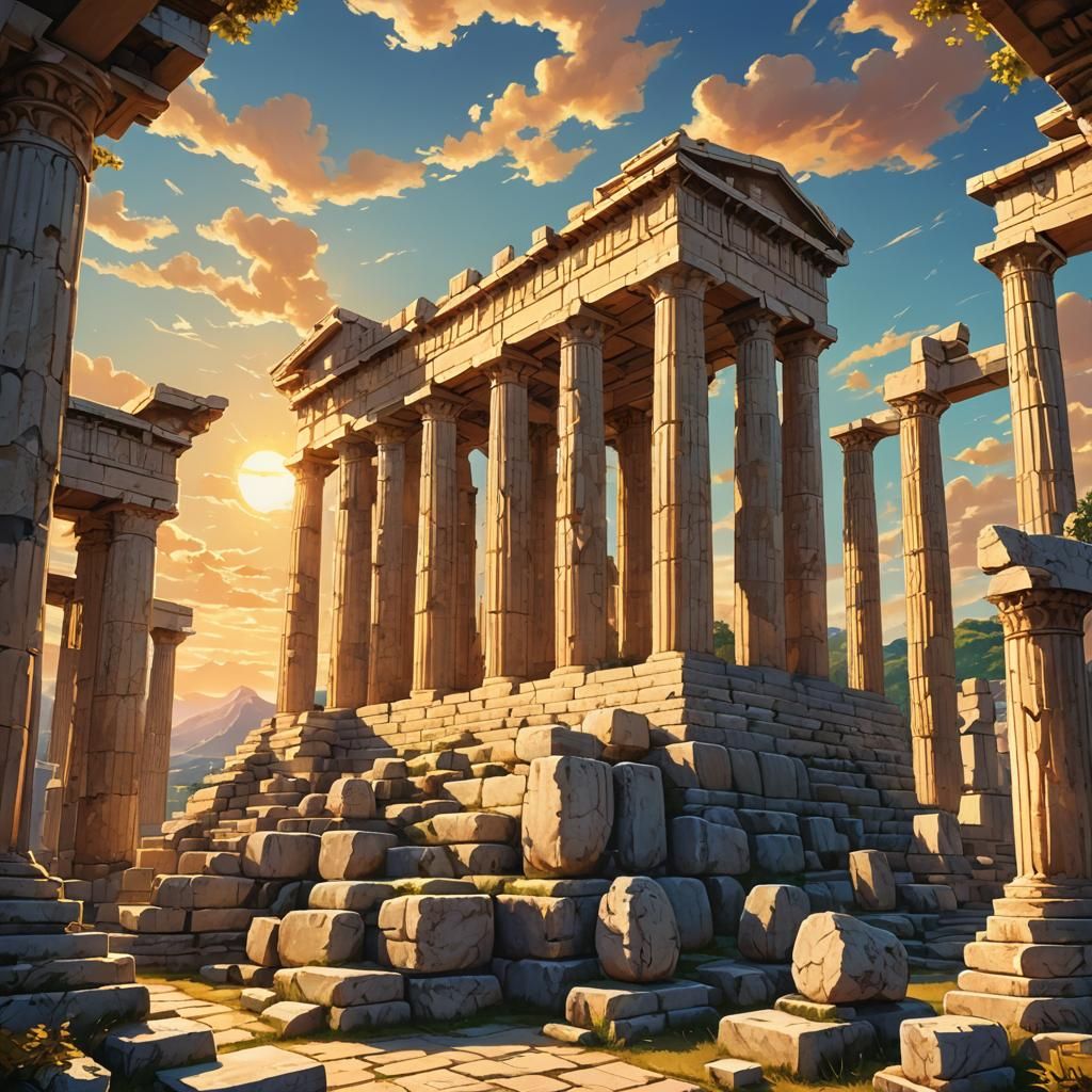 Anime Style Ancient Greek Temple at Sunset