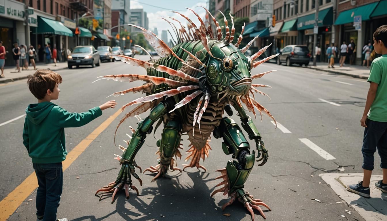 Robot Lionfish in City, Hyperrealistic Digital Art