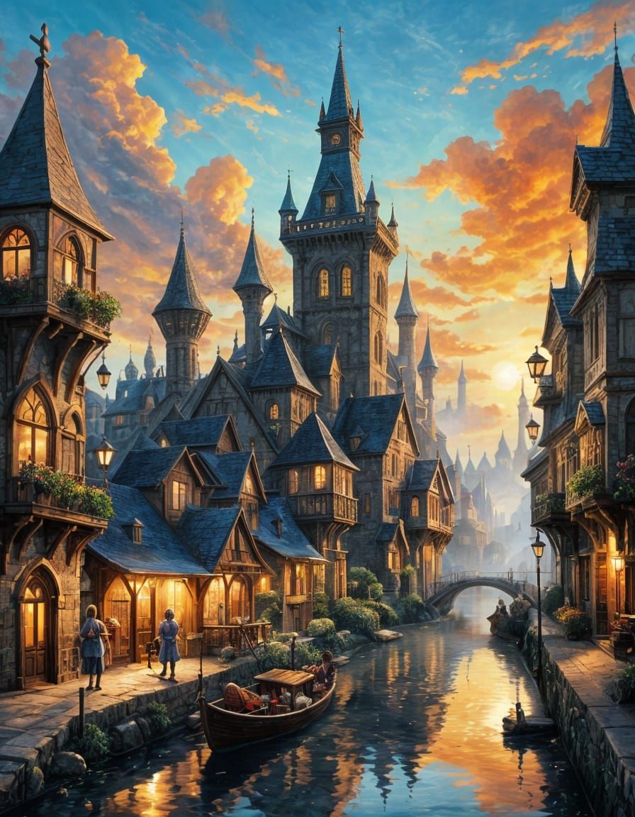 Ankh-Morpork: Surrealist Oil Painting of Fantasy Town