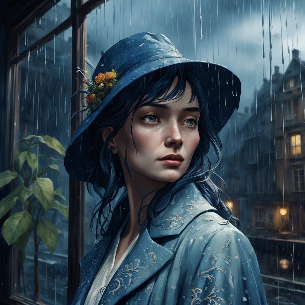 Mysterious Young Woman Lost in Rainy Reflections