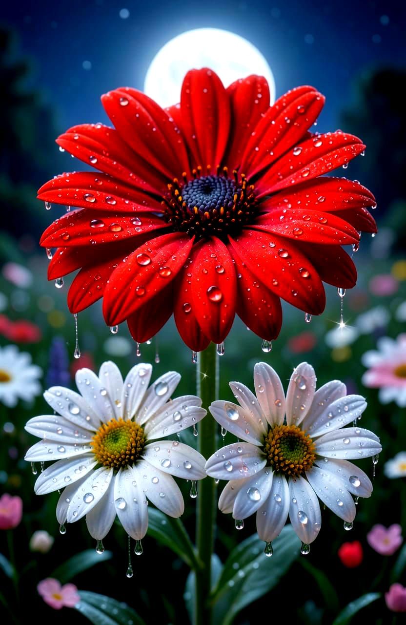 Macro View of a Magical 3D Flower with Silver Droplets