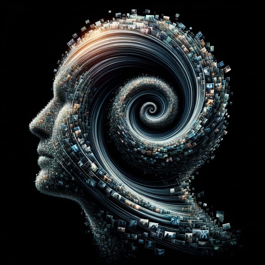 Double Exposure Head Silhouette with Swirling Pictures