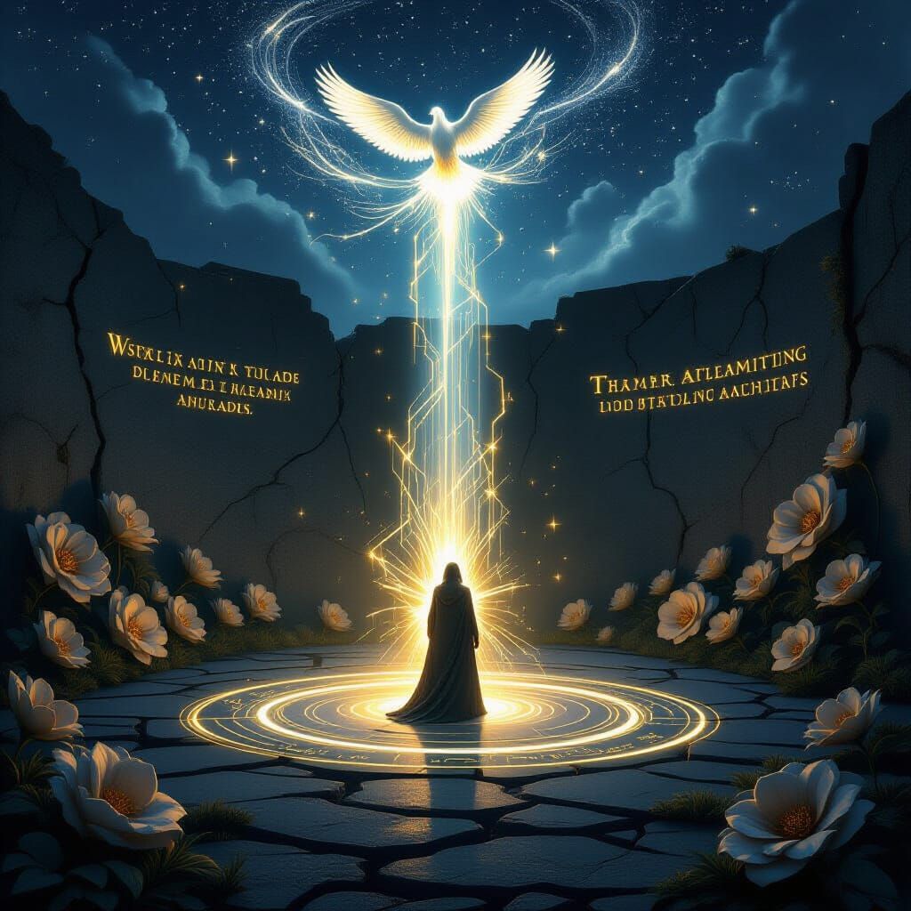 Ethereal Figure with Light Beam and Stone Flowers