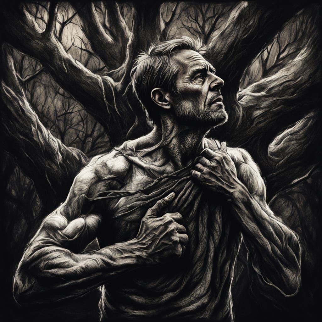 Ominous Charcoal Drawing: Man Hanging from a Tree