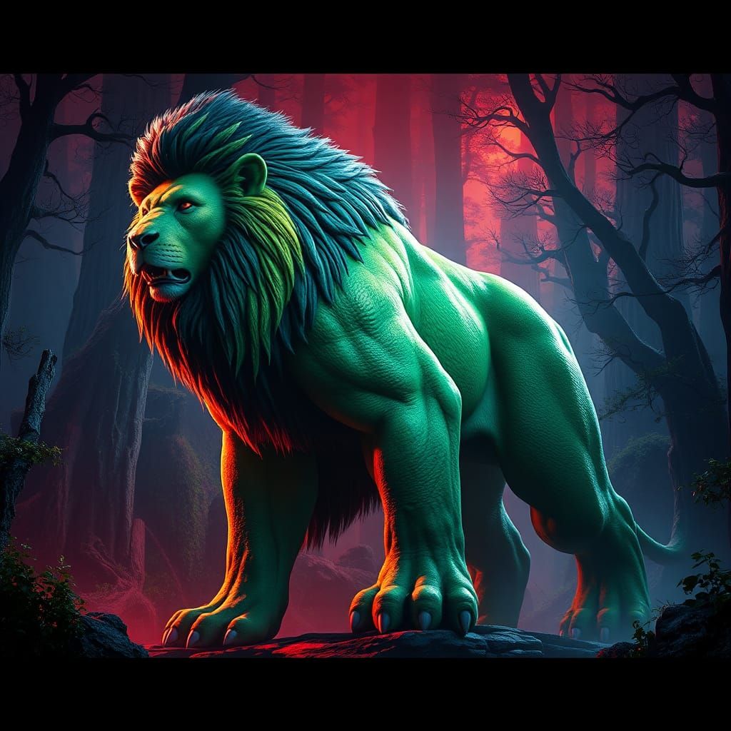 Lion Hulk Fusion in Mystical Forest Concept Art