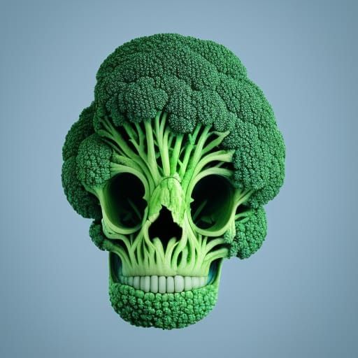 Hyperrealistic Broccoli Skull with Fractal Thunder Glow