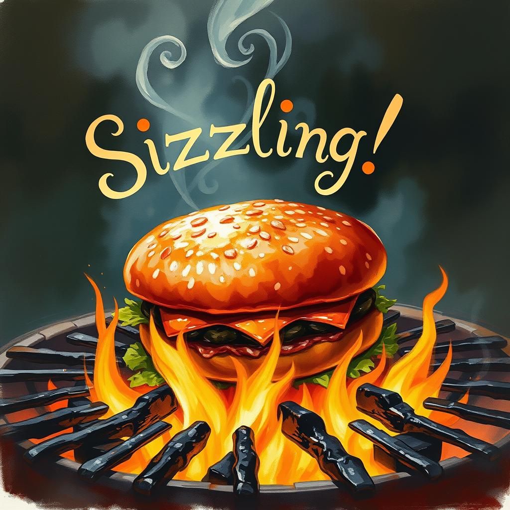 Sizzling Hamburger on Grill in Impressionist Style