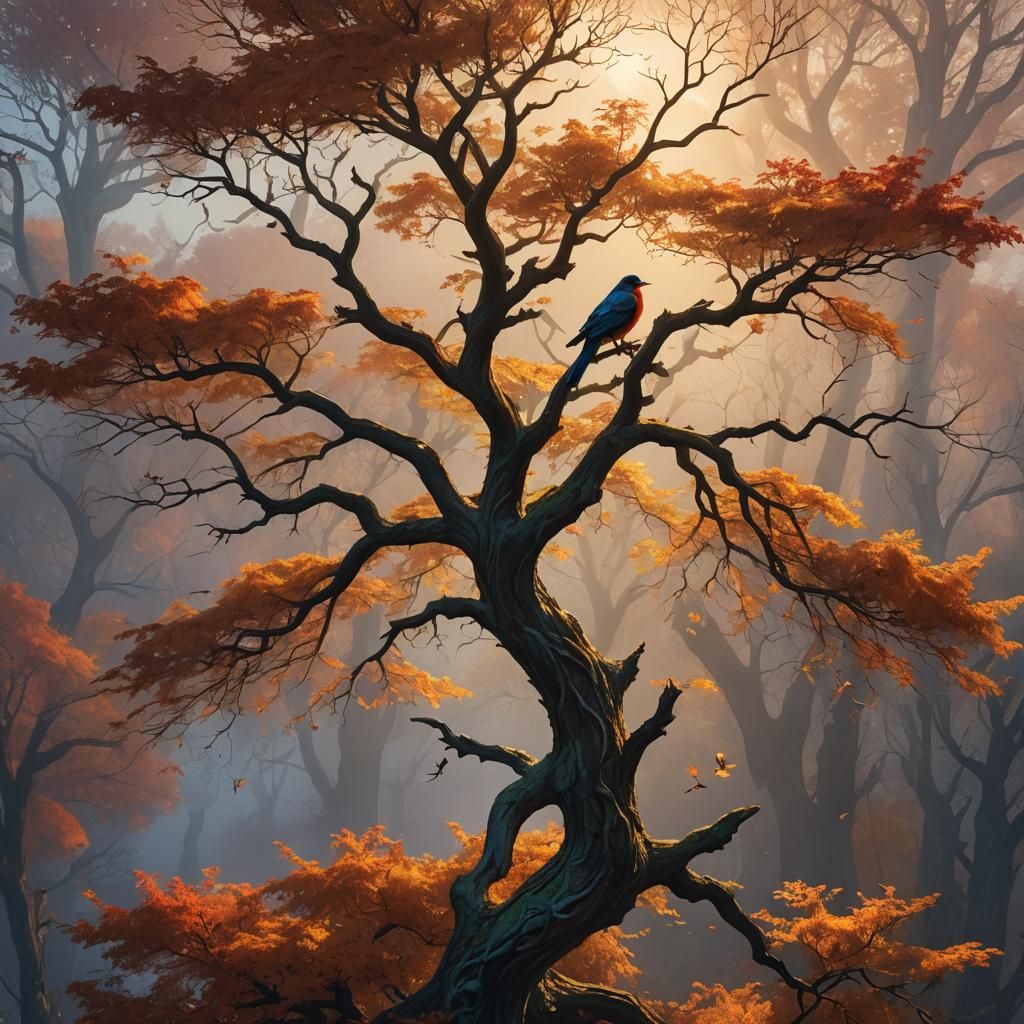 Majestic Bird on Autumn Tree in Fantasy Art