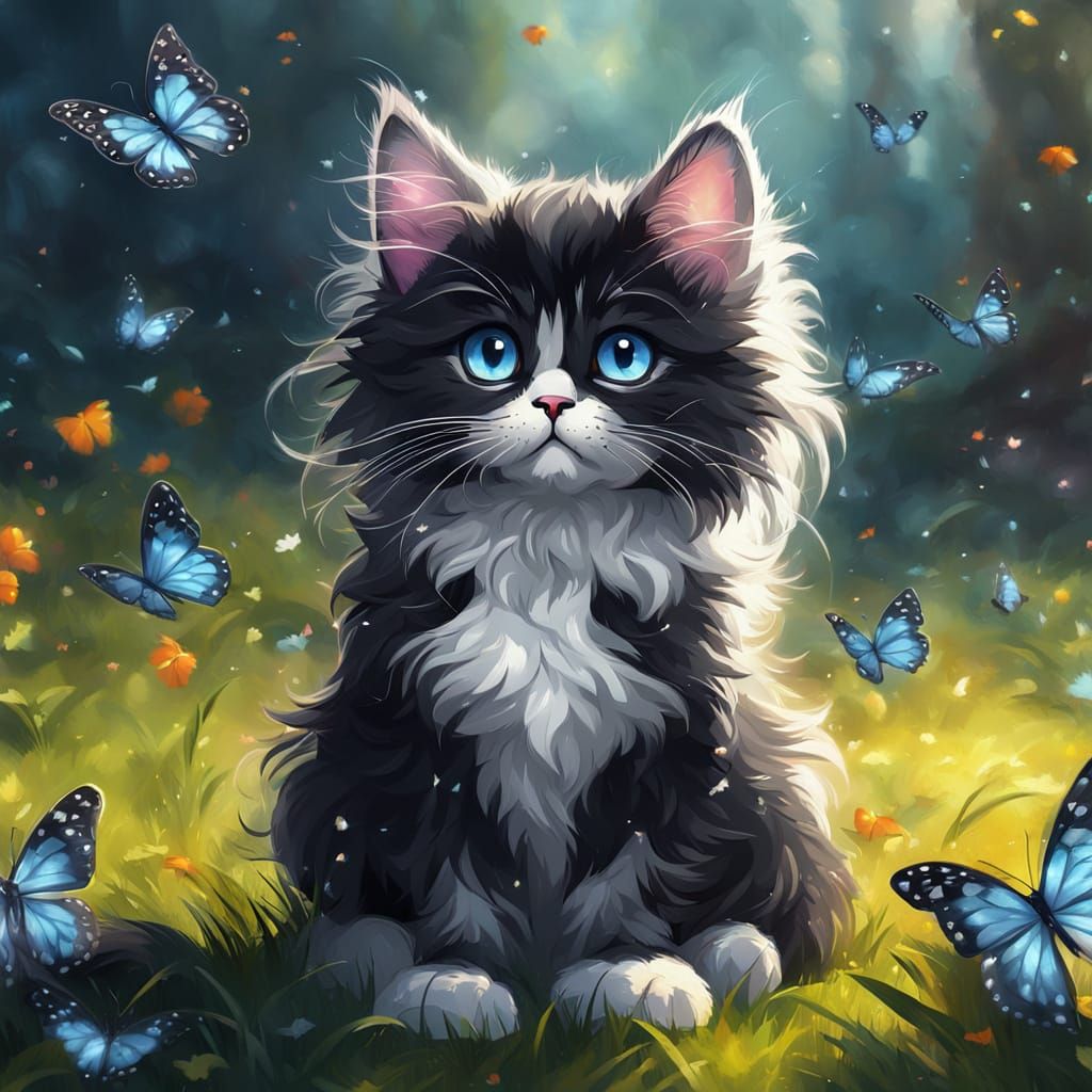 Surreal Oil Painting of a Kitten Amidst Shimmering Butterfli...