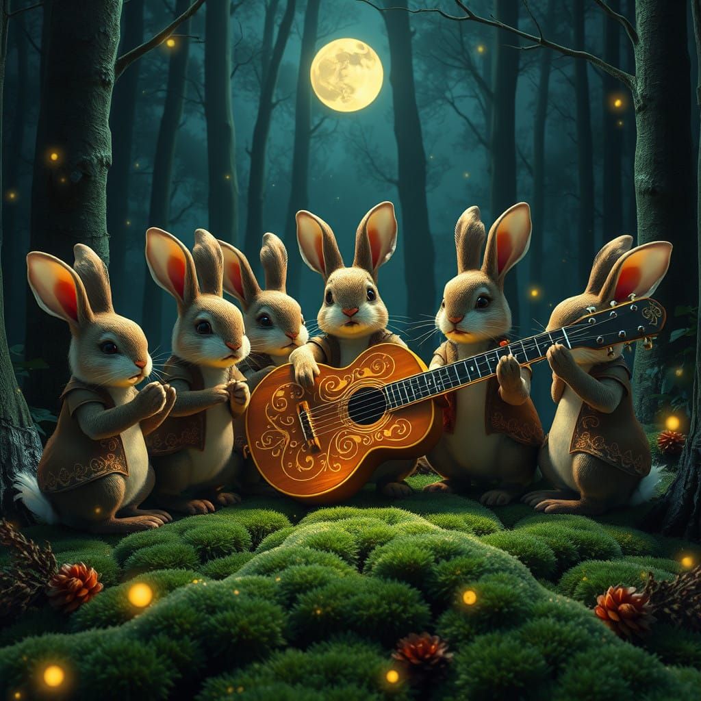 Whimsical Rabbits Play Guitar Under Moonlight