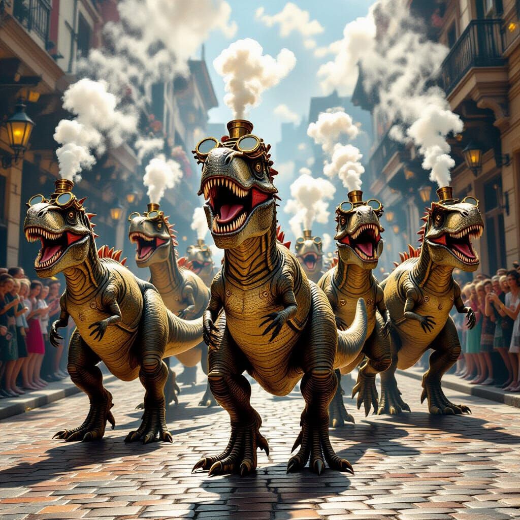 Steampunk T-Rex Dance in Victorian Streets