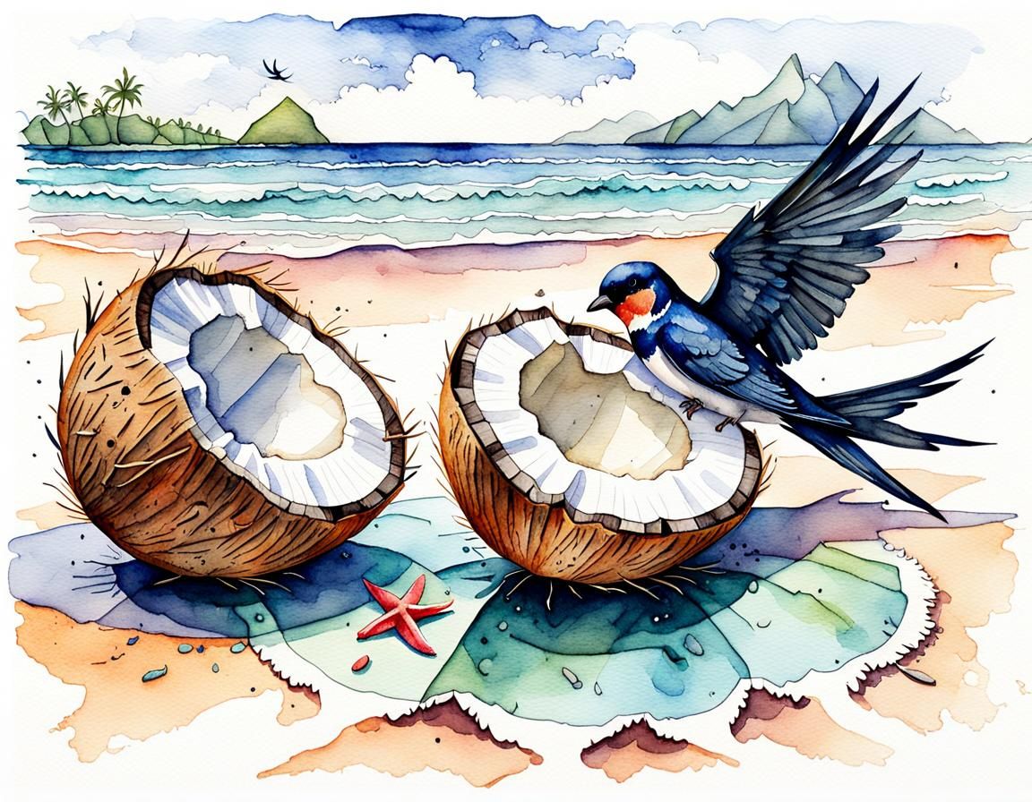 Whimsical Watercolor: Swallows Resting in Coconut Halves