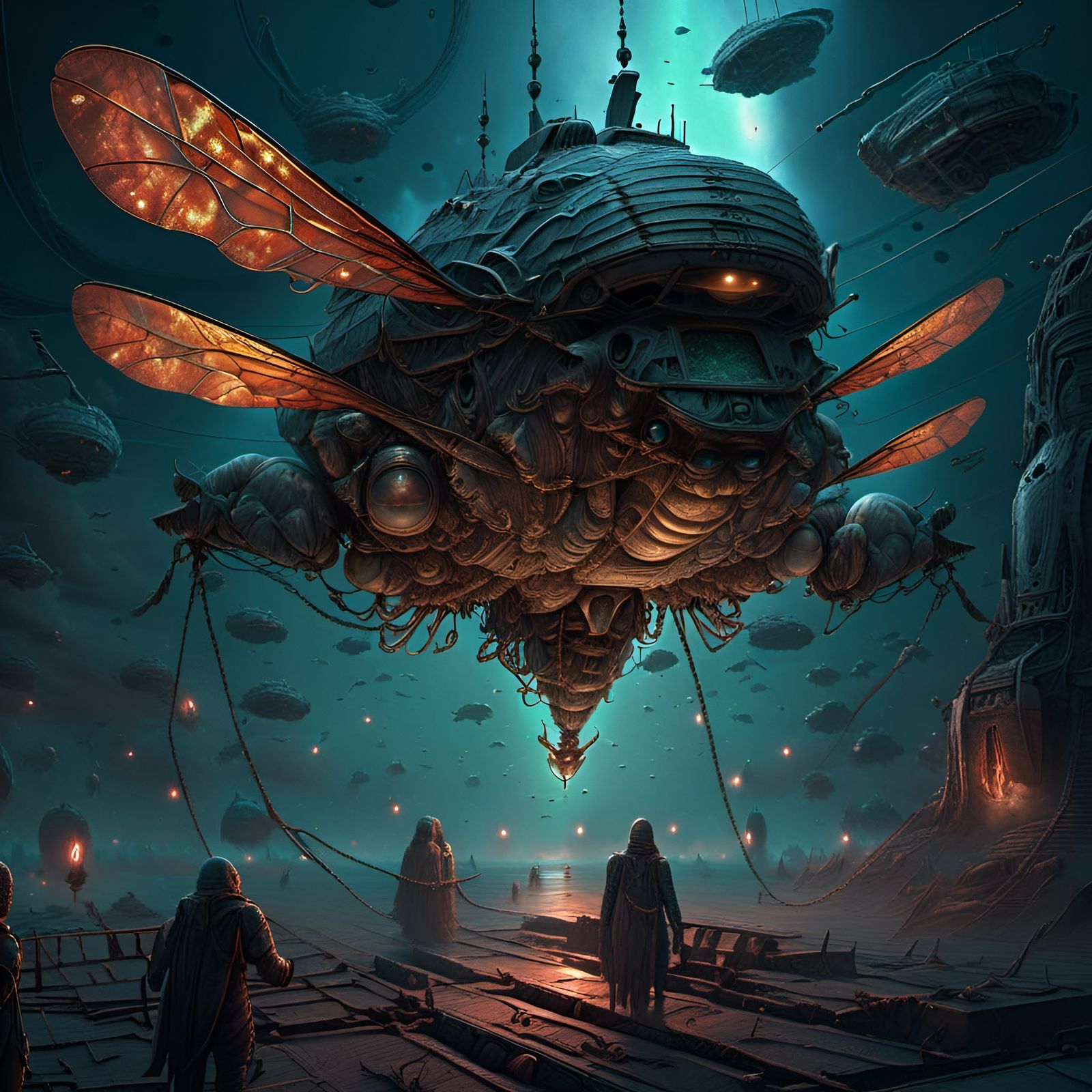 Sinister Cicada Alien Warship in Cosmic Illustration