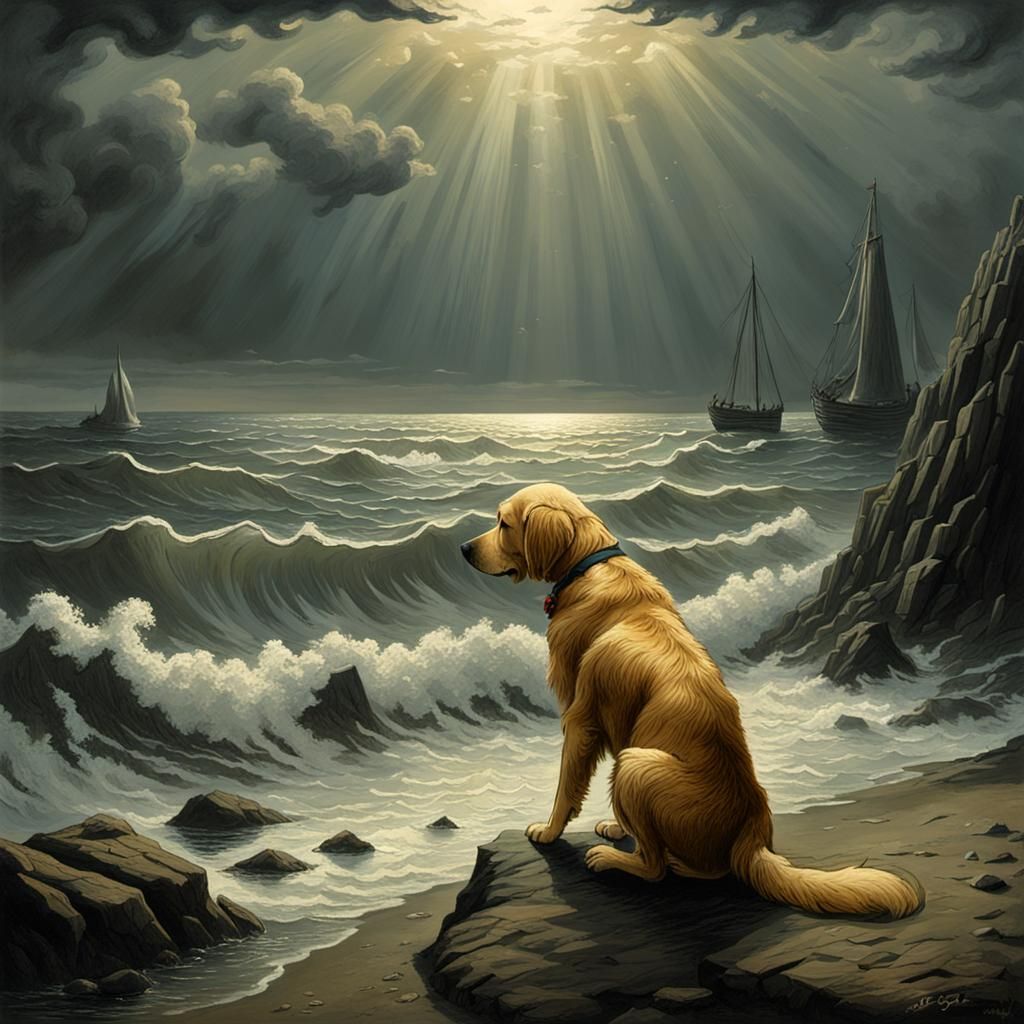 Melancholy Golden Retriever by the Sea: A Dramatic Artwork