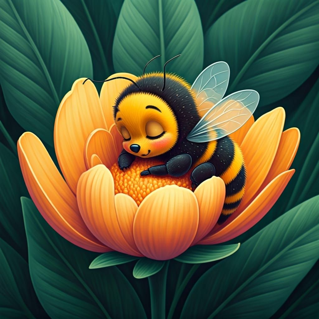 Cartoon Bumblebee Sleeping in Flower, Whimsical Art