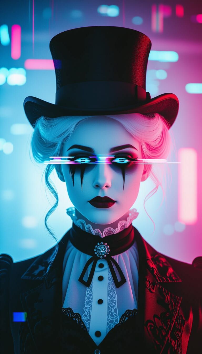 Glitching Victorian Woman Portrait in Vaporwave Cyberpunk St...