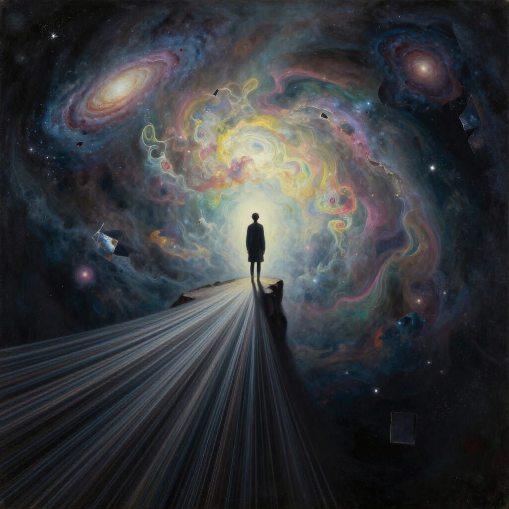 Surreal Figure at Edge of Infinite Void in Oil Painting