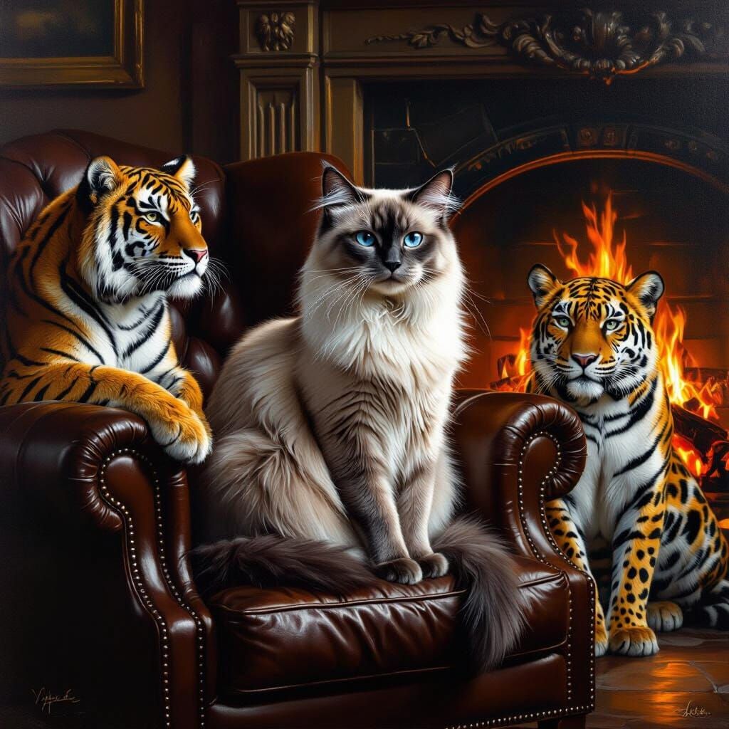 Siamese Cat with Tiger and Leopard by Fireplace