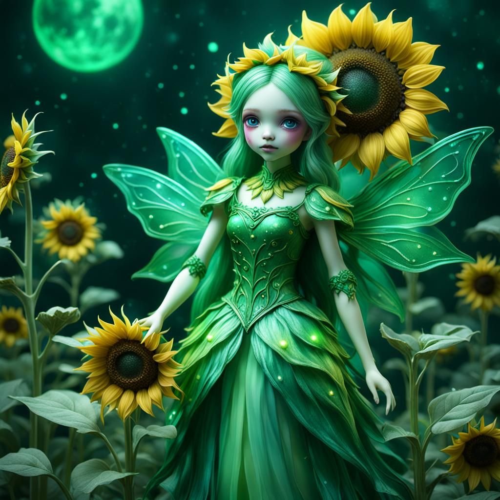 Bioluminescent Sunflower Fairy Doll: Fantasy Concept Art