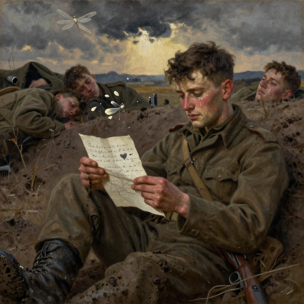 Soldier Reads Love Letter in Trenches
