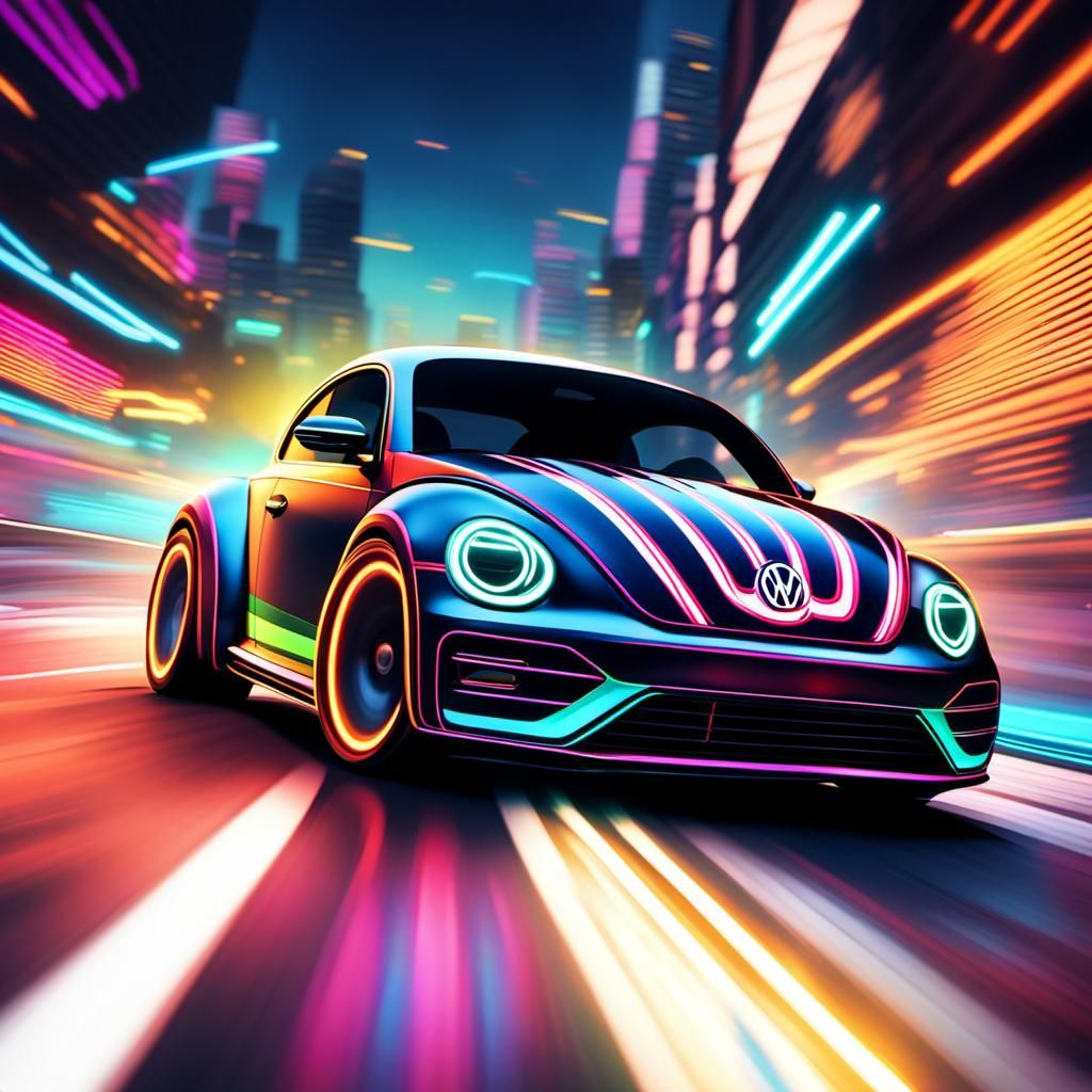 Neon Supercar Beetle Races Down Track