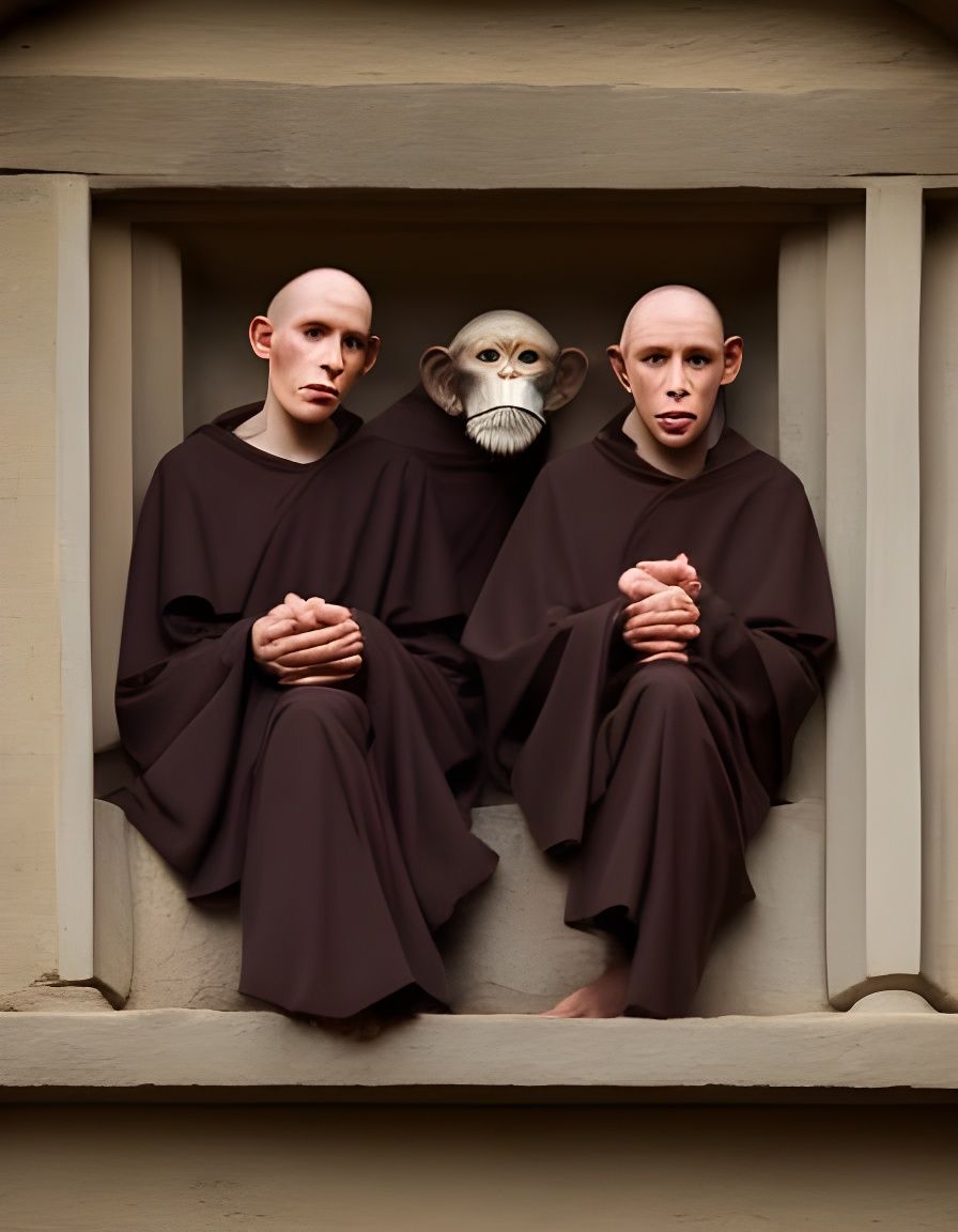 Chimpanzees as Benedictine Monks in Ancient Monastery