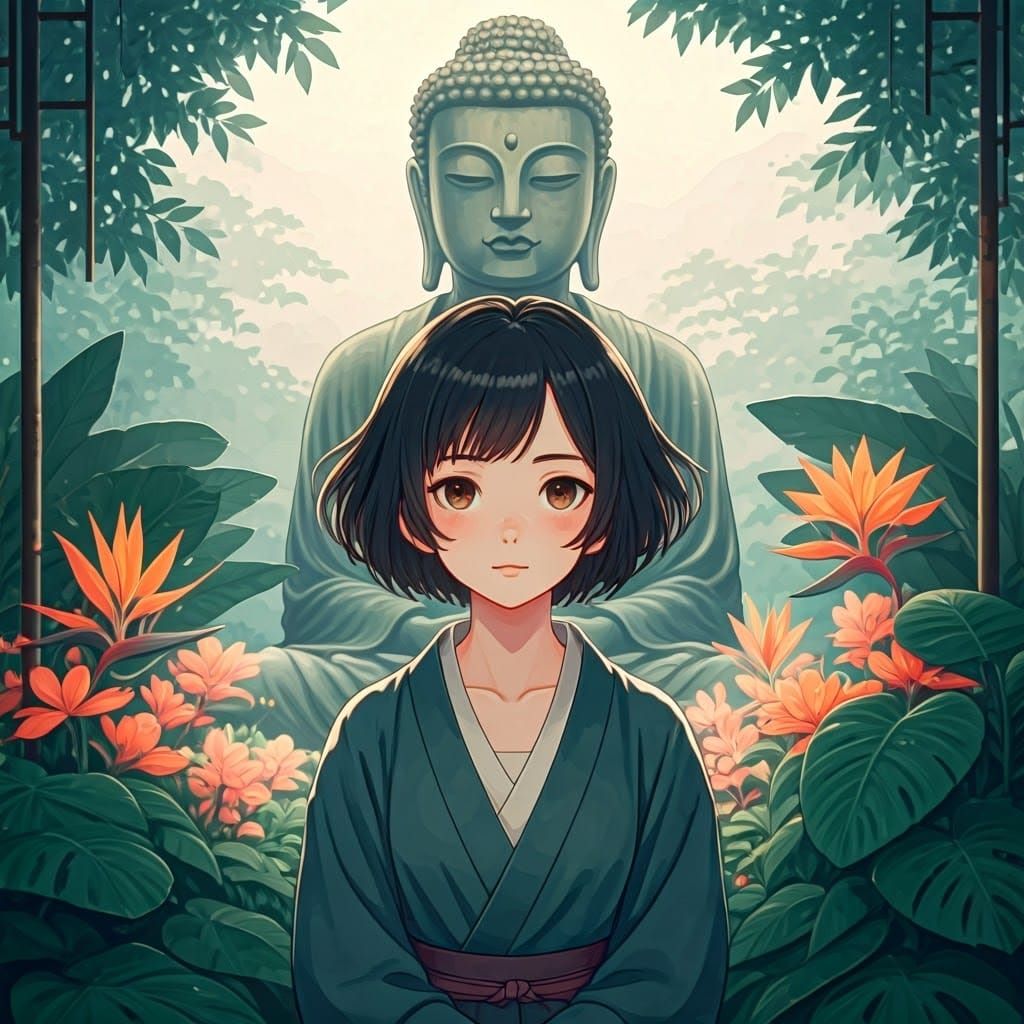 Anime Woman Meditating Before Buddha Statue