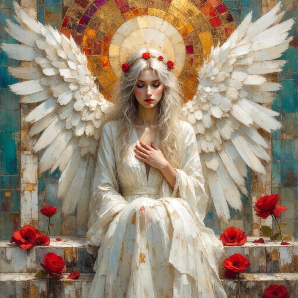 Fallen Angel Portrait with Roses and Ruins