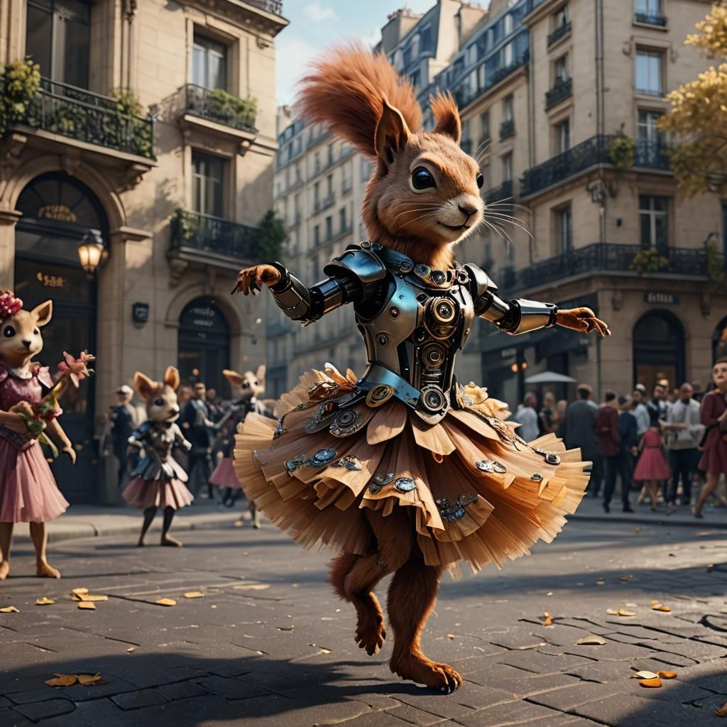 Robot Squirrel Ballet in Paris: Detailed Matte Painting