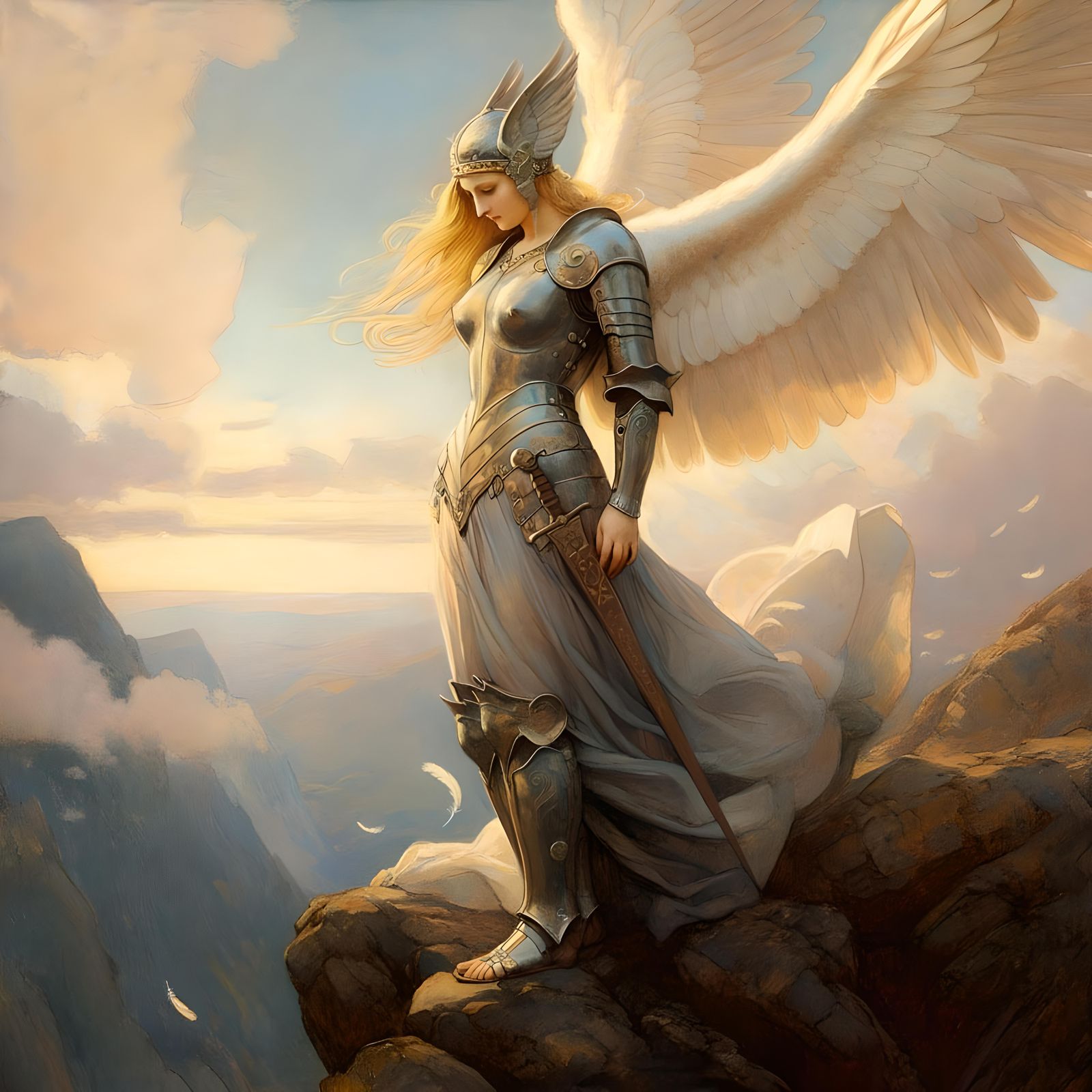 Valkyrie Contemplates Sunset as Rococo Oil Painting