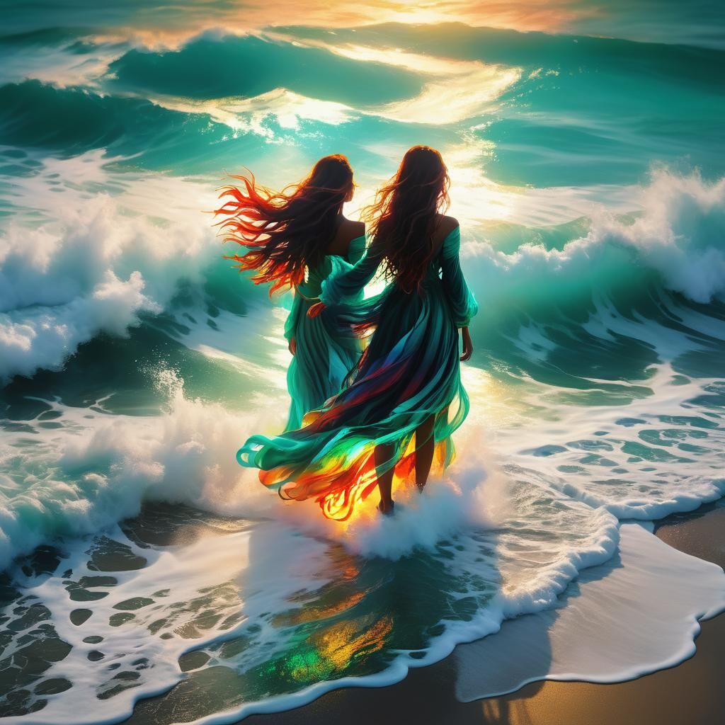 Ethereal Girl with Fiery Plumage at Ocean's Edge