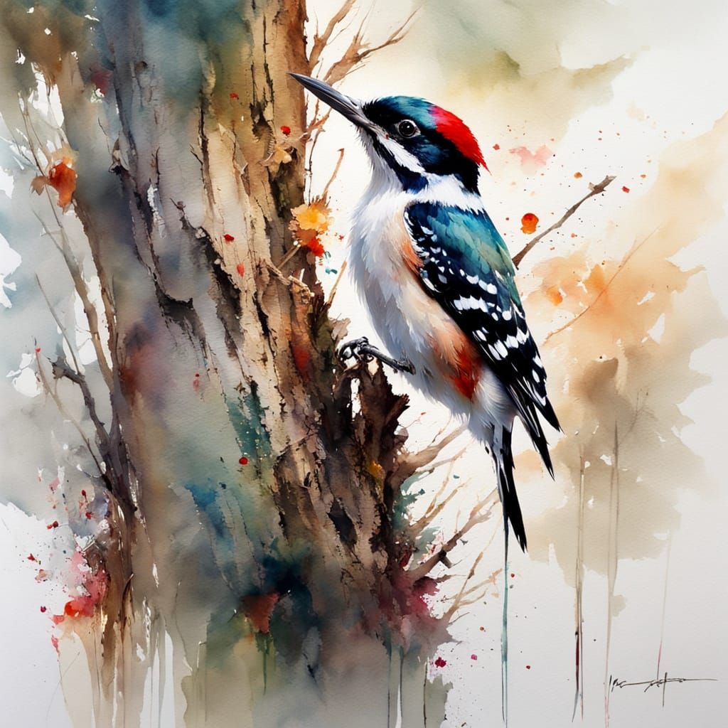 Tiny Woodpecker Pecking Tree Bark in Watercolour Style