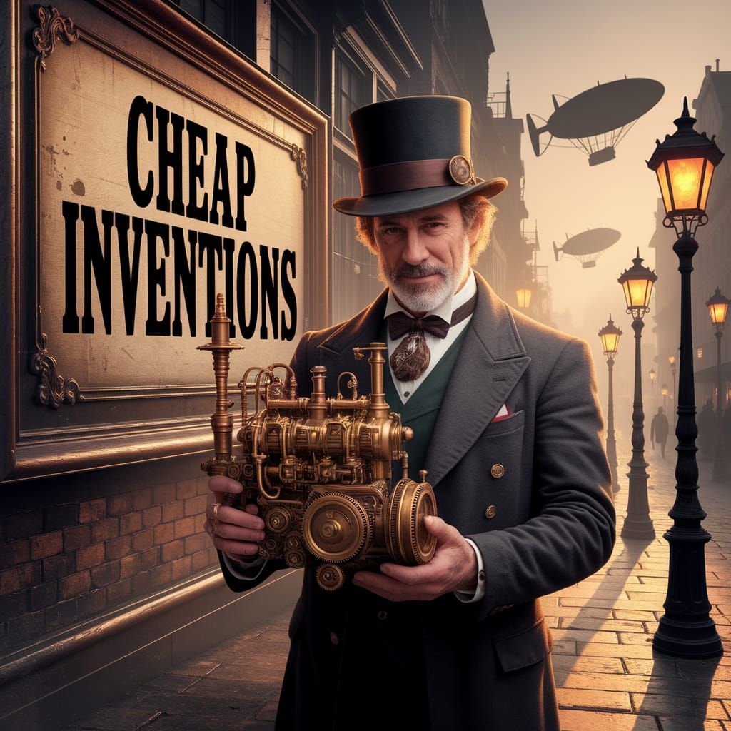 Steampunk Inventor in Foggy Victorian Cityscape