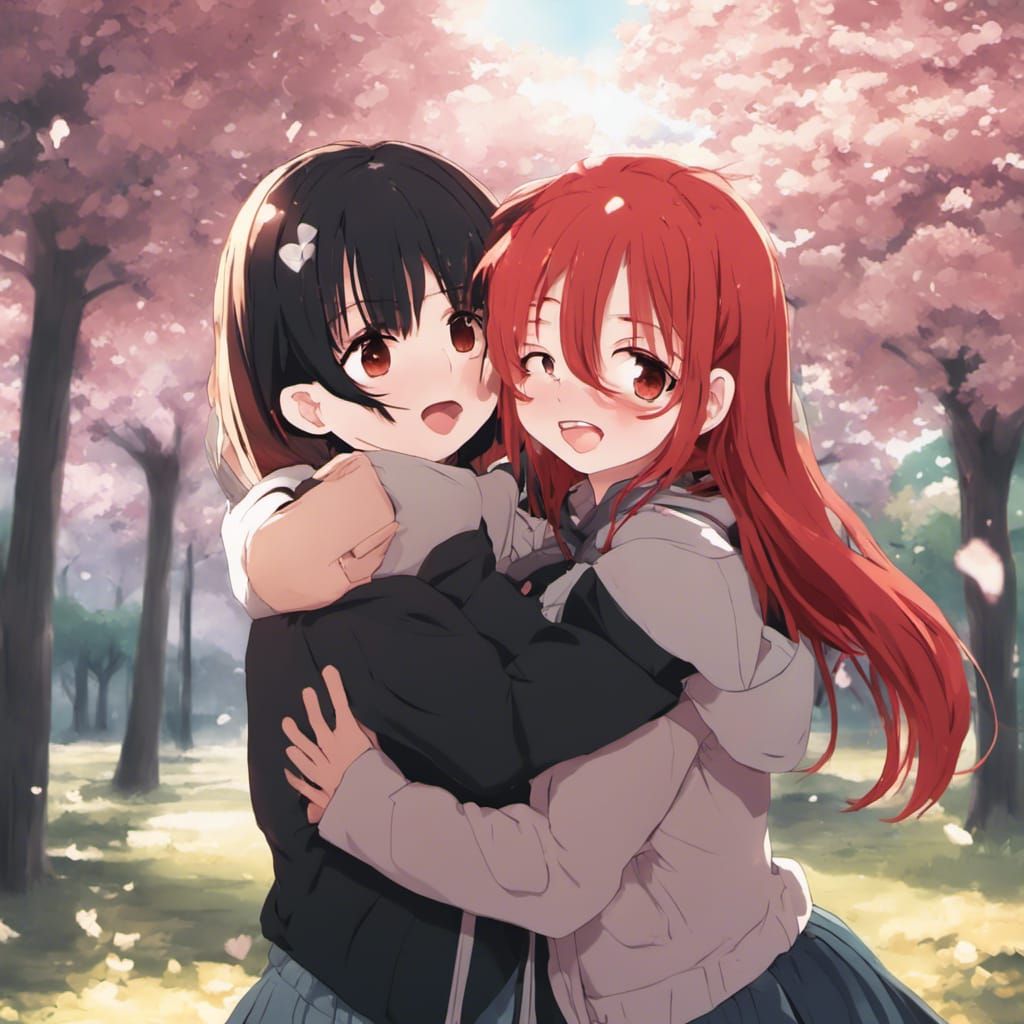 Anime Style: Two Girls Embrace in Park
