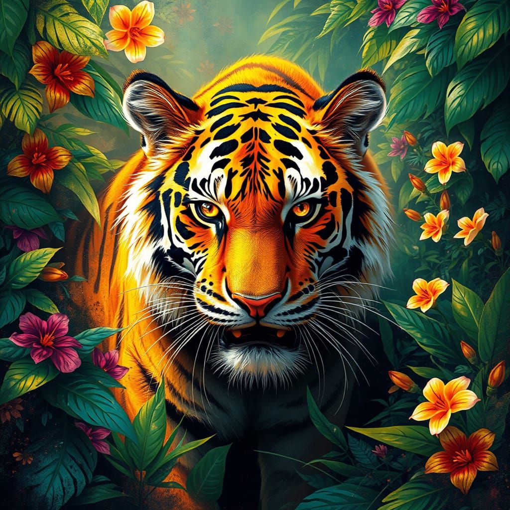 Golden Tiger Emerges from Vibrant Jungle