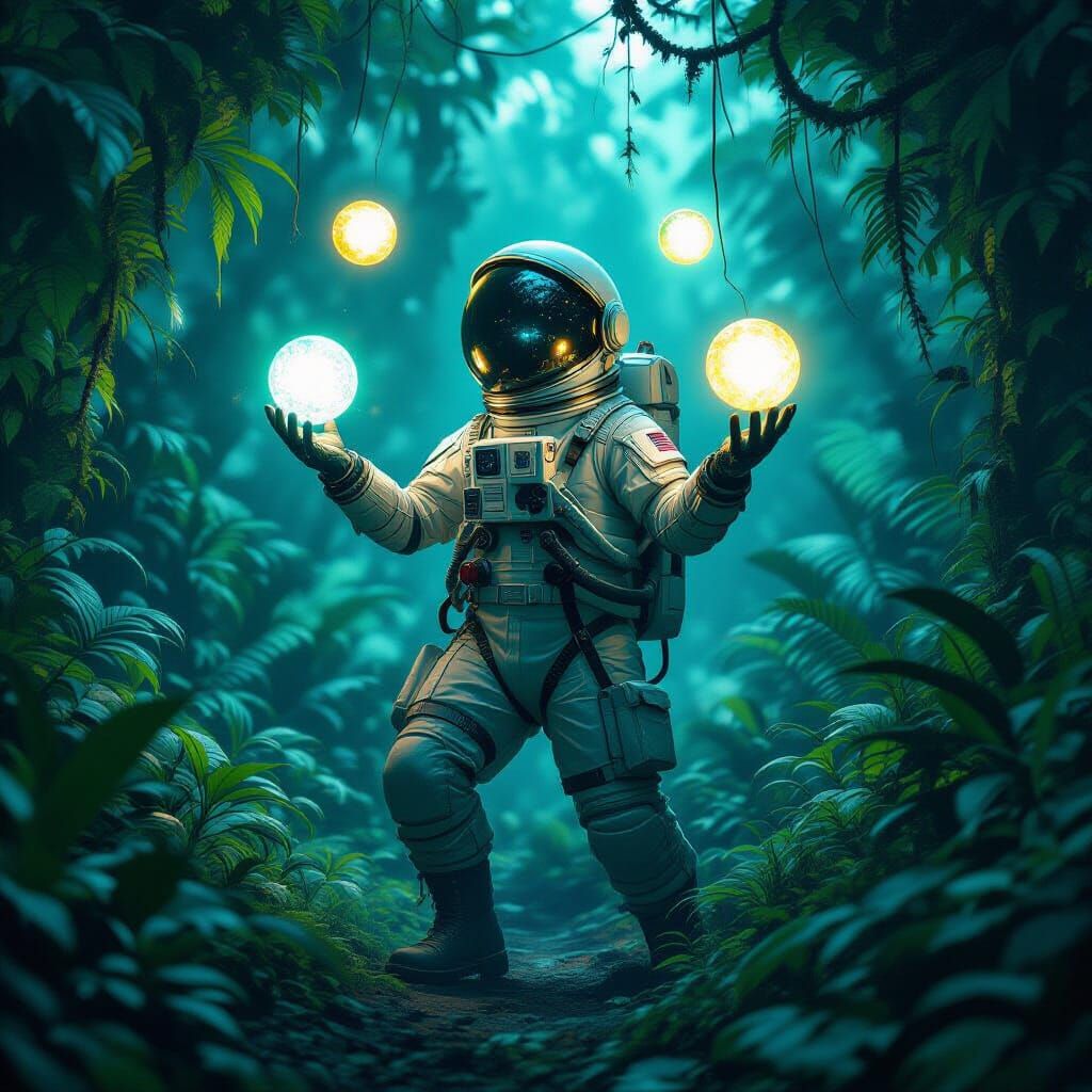 Astronaut Juggles Orbs in Bioluminescent Jungle