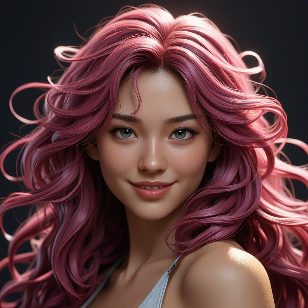 Japanese Girl with Vibrant Pink Eyes and Golden Lion Mane