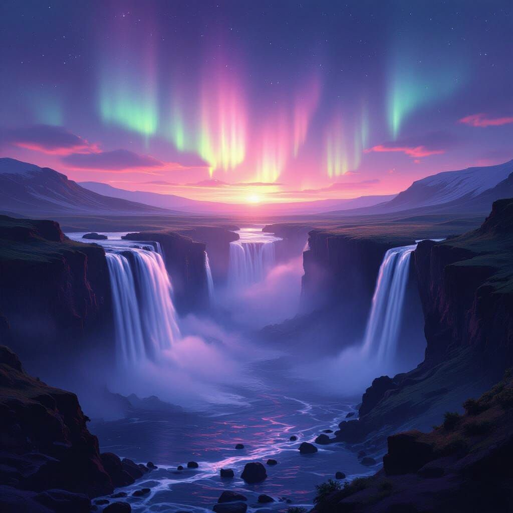 Glowing Waterfalls Under Aurora Borealis