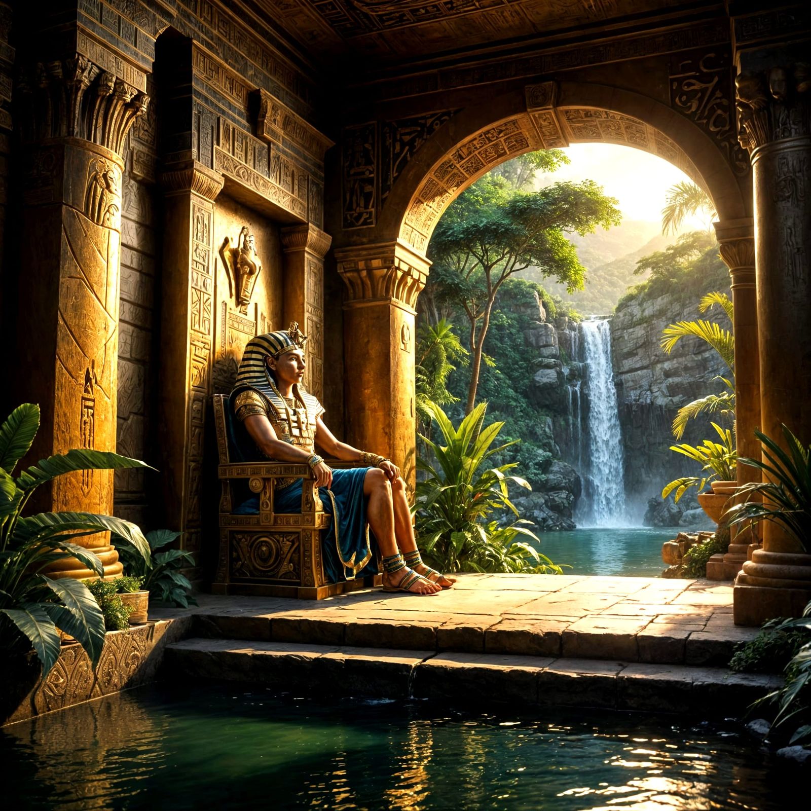 Ancient Egyptian Pharaoh in Tropical Oasis