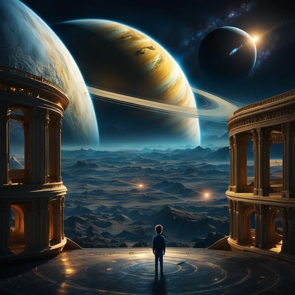 Rocket and Saturn Rings with Boy in Space