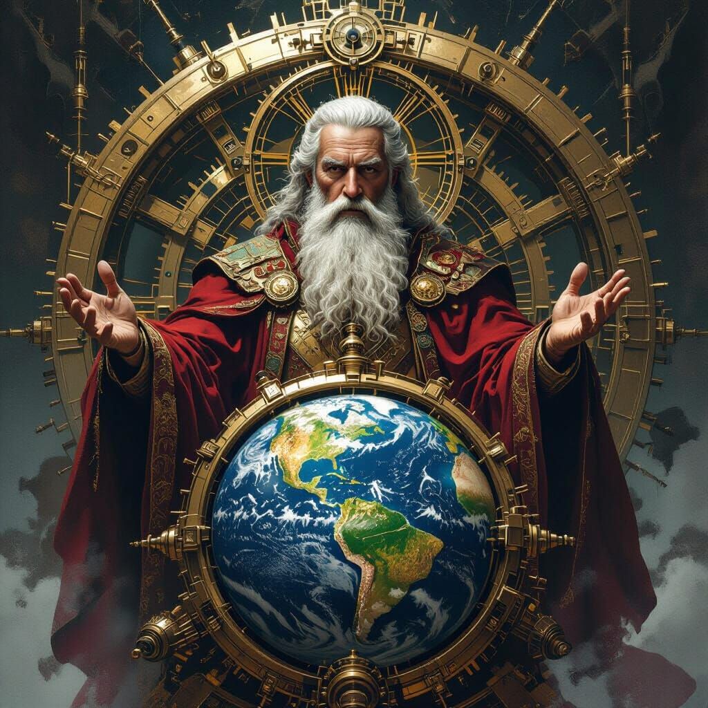 God Oversees World Time Bomb in Surreal Style