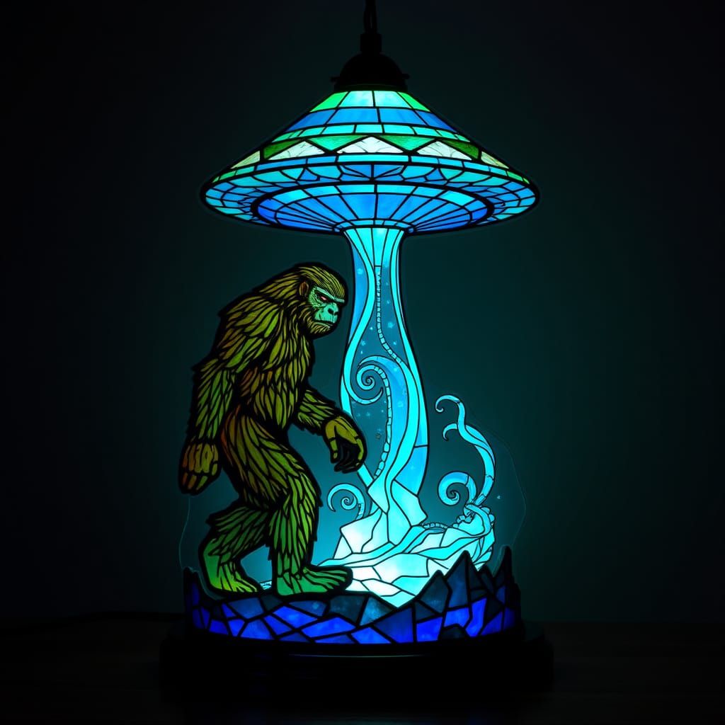 3D exquisite stained-glass lamp of an alien and UFO (also sasquatch instead of alien)