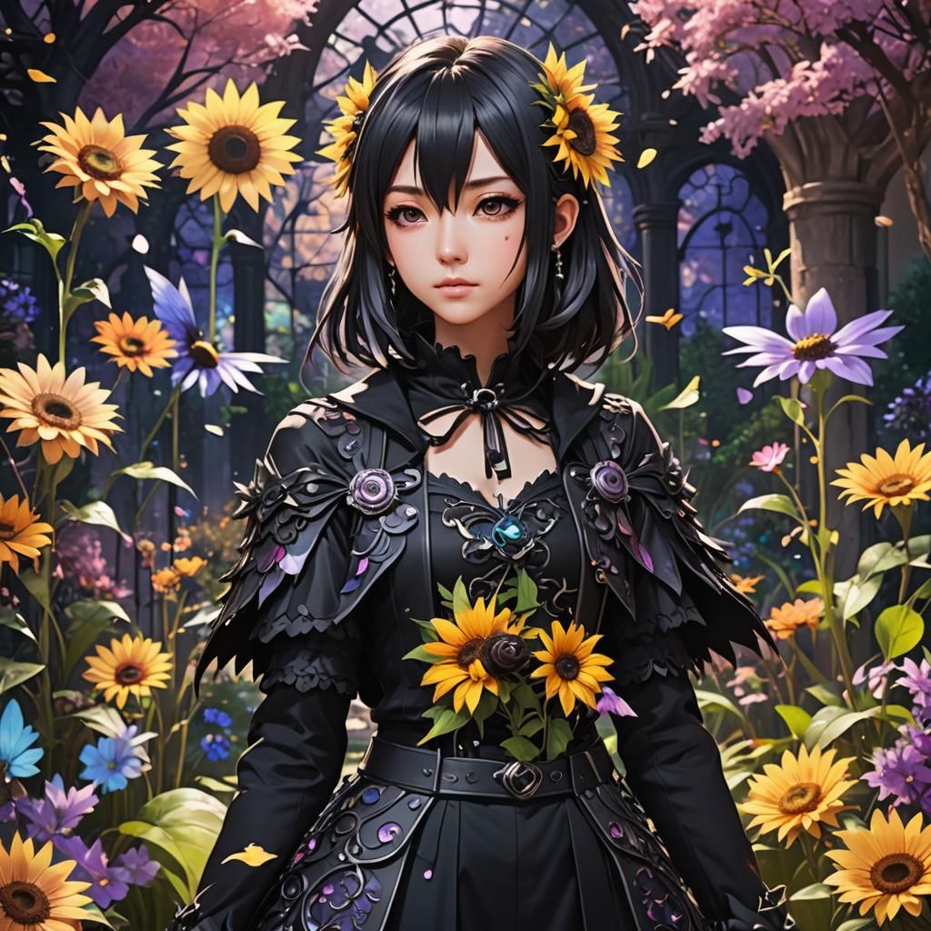 Anime Girl in Mystical Garden with Sunflower Attire